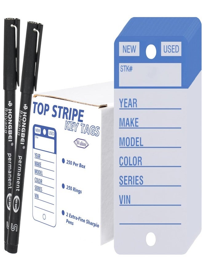 Vinyl Poly Car Key Tags 250 Pcs with 250 Split Rings & 2 Markers, Heavy-Duty & Tear Proof Top Stripe Key Tags with Write-On Design (Blue)
