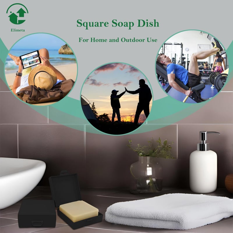 Elimeta Square Soap Dishes Holder for Shower Travel Soap Container with Lid Lightweight Waterproof Soap Box for Dr. Squatch Men's Soap Bar for Traveling Toiletry Gym Bathroom (Black) - Image 3