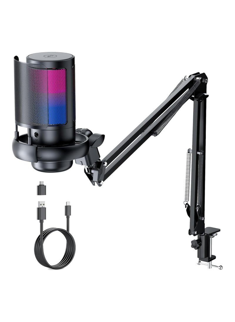 Joshberg USB Gaming Microphone, RGB Computer Condenser Mic with Boom Arm for PC PS4 PS5 With Mute Button, PopFilter, Microphone Arm, Shock Mount - Recording Accessories for Gamer - Podcast Microphone Kit for Streaming,Black  - Image 1