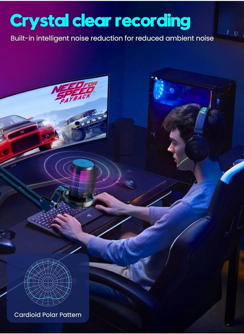 Joshberg USB Gaming Microphone, RGB Computer Condenser Mic with Boom Arm for PC PS4 PS5 With Mute Button, PopFilter, Microphone Arm, Shock Mount - Recording Accessories for Gamer - Podcast Microphone Kit for Streaming,Black  - Image 3