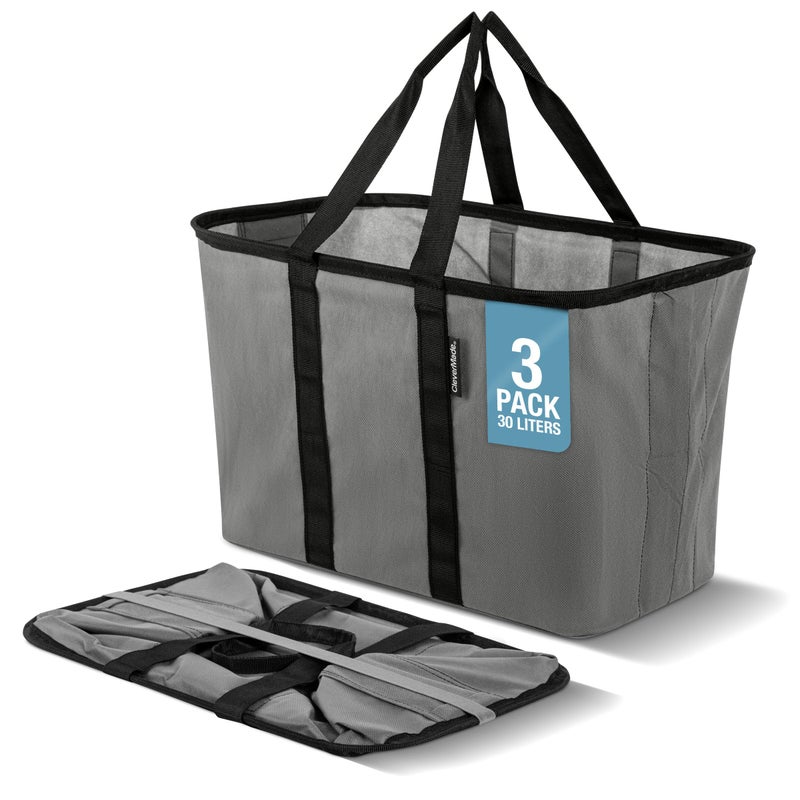 CleverMade EcoBasket 30L Collapsible Tote Basket 3 Pack Reusable Grocery Tote That Stands Upright Foldable Shopping Basket for Car Trunk Storage Heavy Duty Utility Bag 30 lb Capacity Gray - Image 2