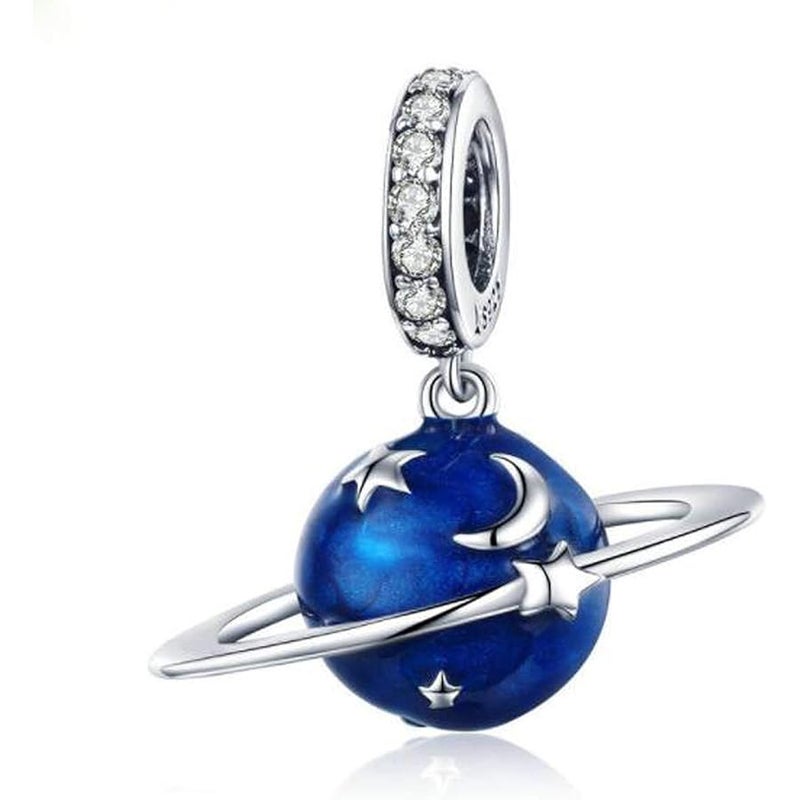 Car Keys Bike Suitcase Charms 925 Sterling Silver Charms Beads Black Enamel Charm and Color Crystal Travel Charms for Bracelets (Blue Planet)