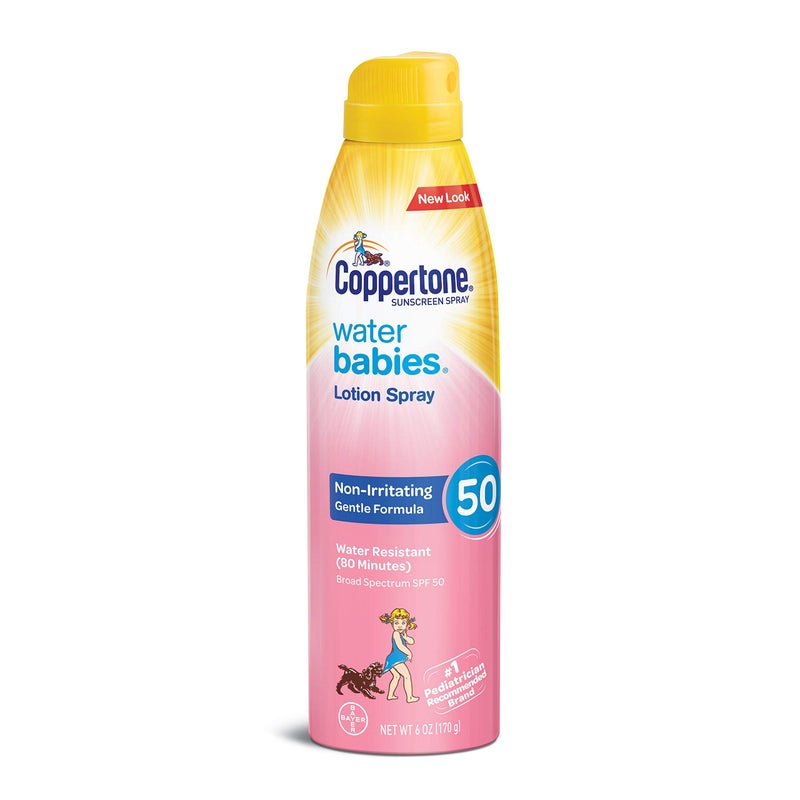 Coppertone Water Babies Sunscreen Lotion Spray SPF 50, Pediatrician Recommended Baby Sunscreen Spray, Water Resistant Sunscreen for Babies, 6 Oz Spray - Image 1