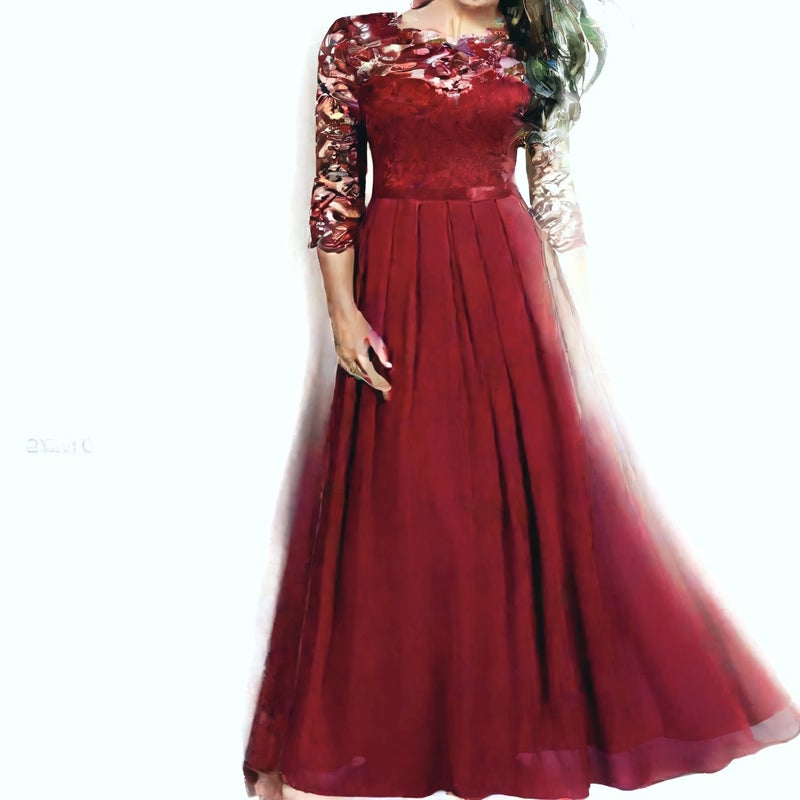 Evening Dress Long Sleeve Chiffon Lace Maxi Dress - Image 5