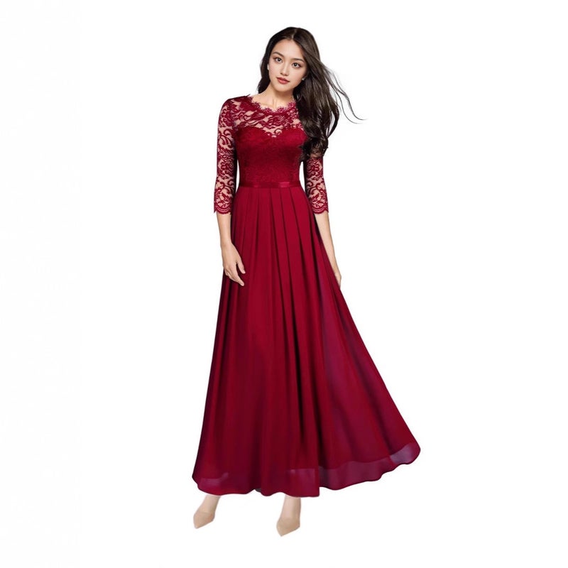 Evening Dress Long Sleeve Chiffon Lace Maxi Dress - Image 1