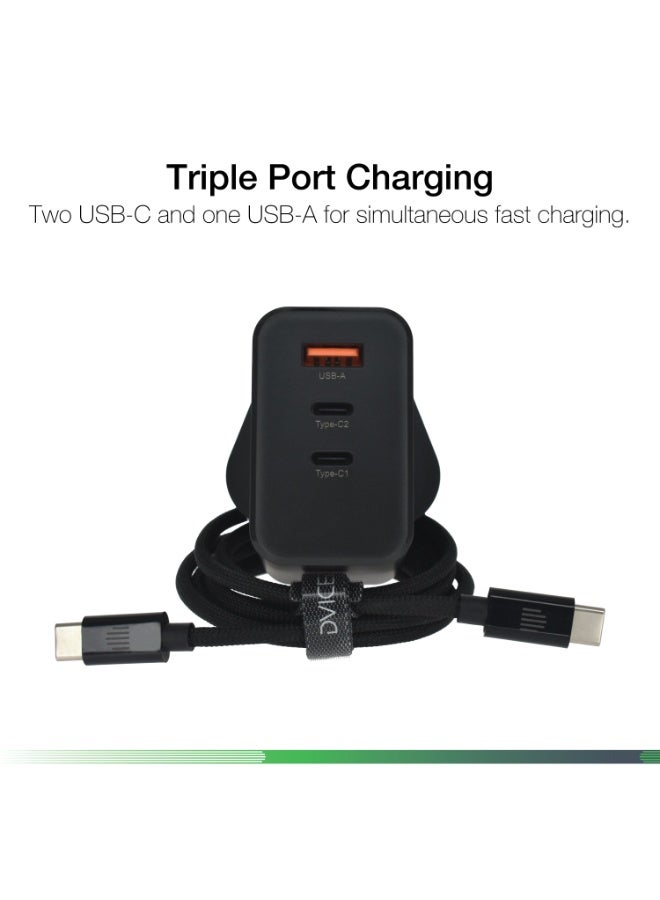 Dviced Wall charger and cable with  65W GaN - 2 USB-C 1 USB-A ports UK plug - Black - Image 3