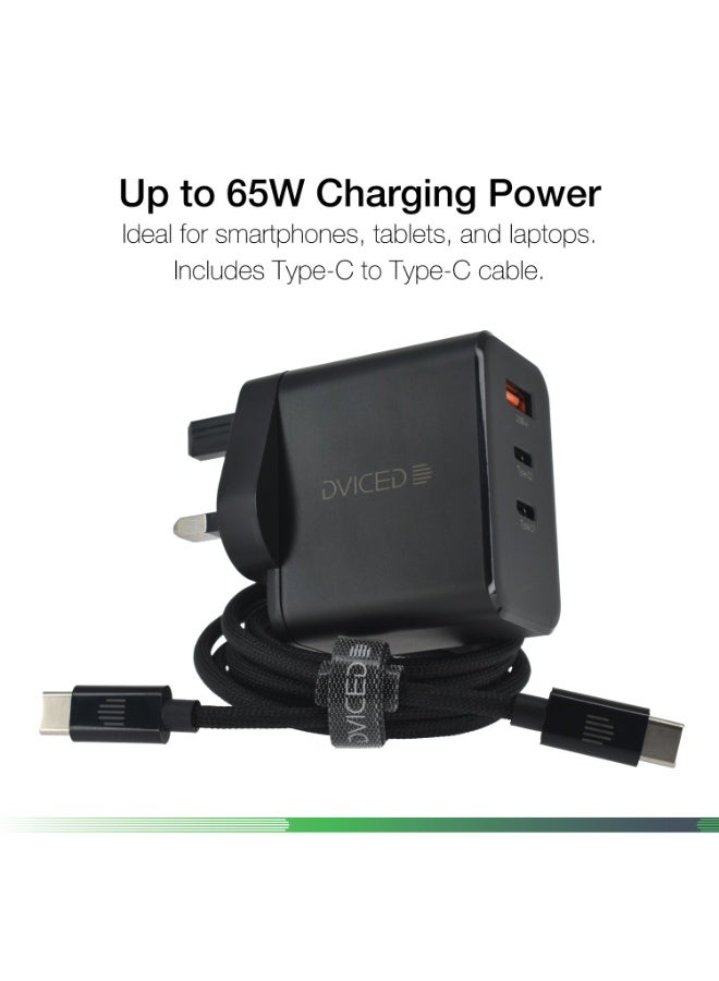 Dviced Wall charger and cable with  65W GaN - 2 USB-C 1 USB-A ports UK plug - Black - Image 2