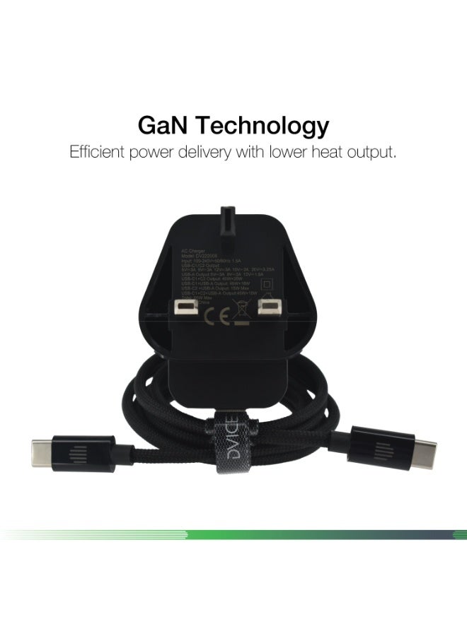 Dviced Wall charger and cable with  65W GaN - 2 USB-C 1 USB-A ports UK plug - Black - Image 4