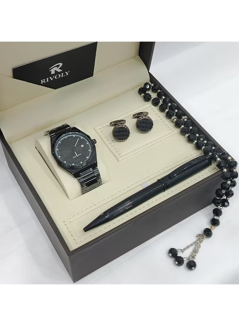 Men's stainless steel set consisting of a watch, a rosary, a pen and cufflinks