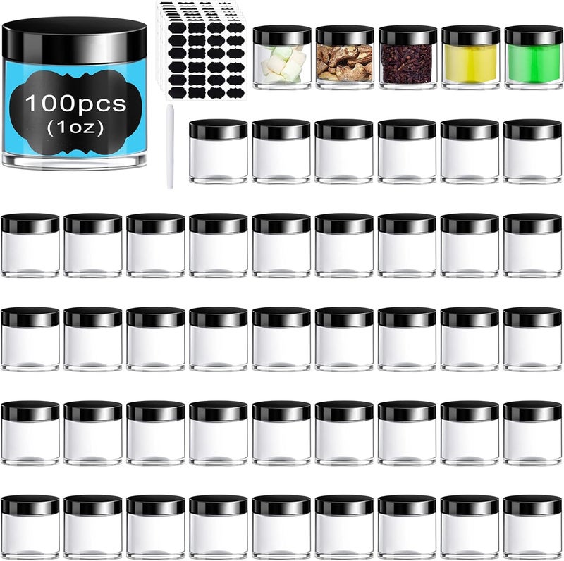 100 Set Plastic Jars Makeup Travel Makeup Container with Lids Storage Containers for Creams Toiletries Small Containers with Lids Chalkboard Label Stickers Marker (Black, 1 Oz)