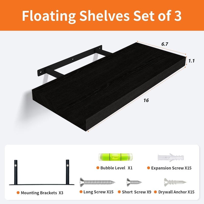 Upassion Floating Shelves for Wall Set of 3, 16" Black Wall Shelves for Home Decor, Frame Display Floating Shelf for Living Room, Bedroom, Bathroom, Kitchen - Image 3