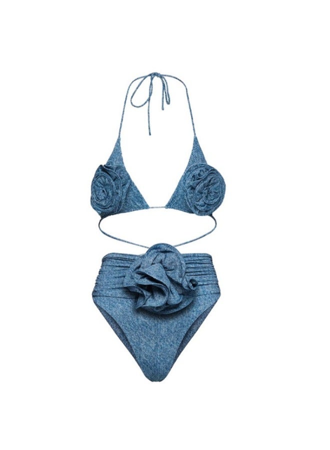 New Bikini For Women With 3d Flower Decoration, Halter Neck Tie-up Bikini Set