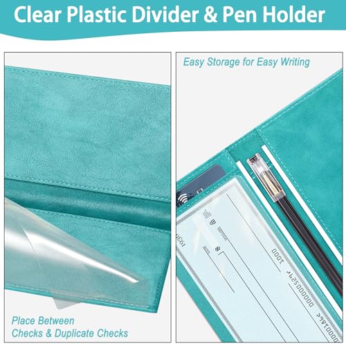 LLi Cufite Leather Checkbook Cover for Top & Side Tear Registers Duplicate Checks with Plastic Insert Flap Card Holder Pen Hoop Slim Wallet for Men Women - Image 4