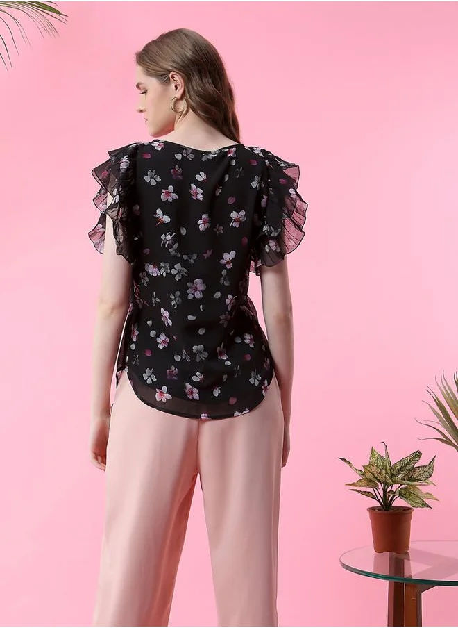 Mish Floral Print Frill Sleeves Georgette Top by Styli