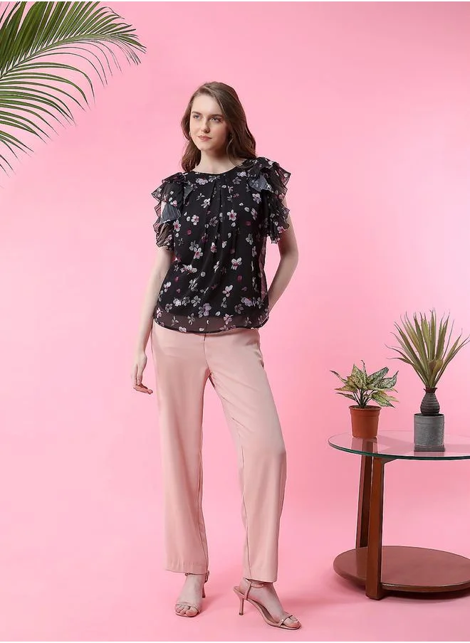 Mish Floral Print Frill Sleeves Georgette Top by Styli