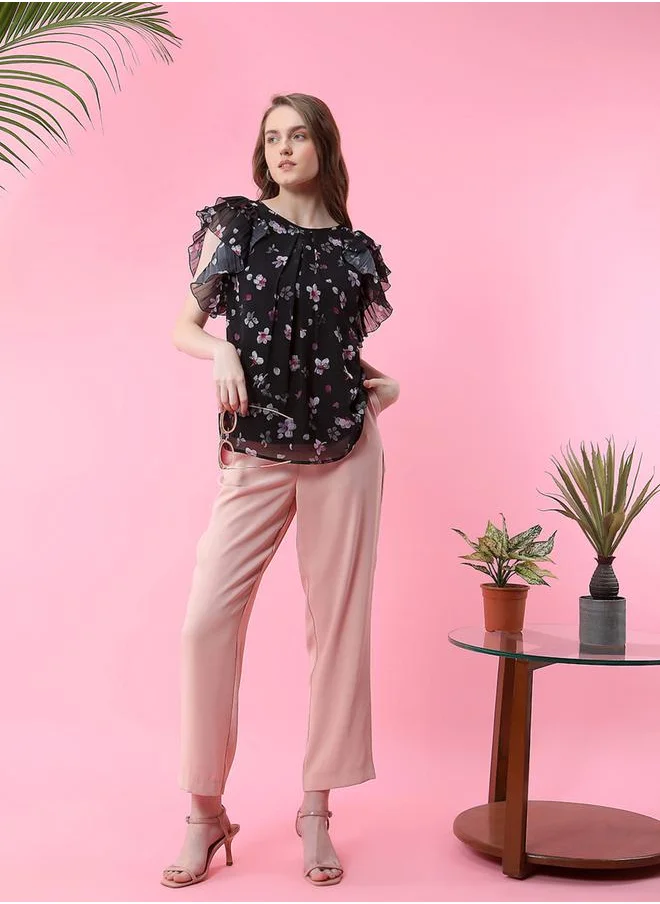 Mish Floral Print Frill Sleeves Georgette Top by Styli