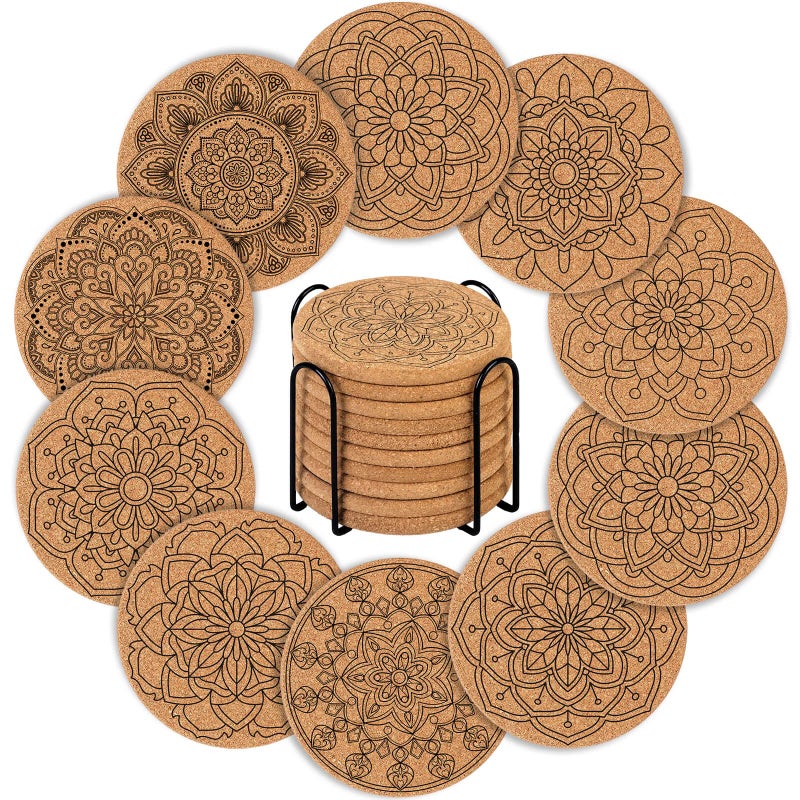 10 Pieces Cork Coasters for Drinks Billbotk Cup Coasters with Holder for Coffee Table Tabletop Protection Home Decor Suitable for Cups Mugs Drinks