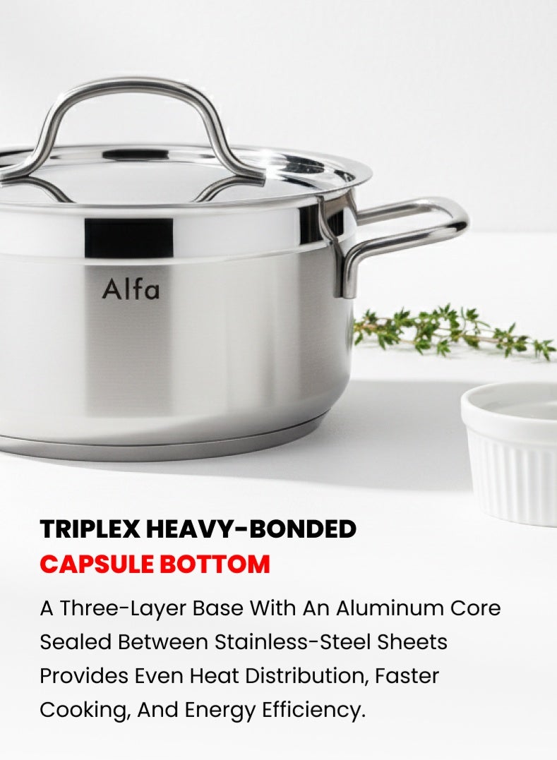 ALFA Stainless Steel Casserole 20 cm | 3.5 L Capacity | 18/10 Food‑Grade Steel | Triplex Capsule Bottom | Induction & Gas Compatible | With Lid - Image 5