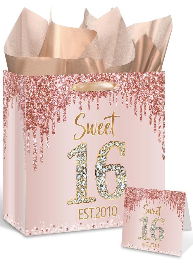 Yoirrat Sweet 16 Est. 2010 Gift Bag with Wrapping Tissue Paper & Card Large Rose Gold Glitter Happy 16th Birthday Gift Bags for Girls Sixteen Bday Party Supplies for Daughter Granddaughter - Image 1