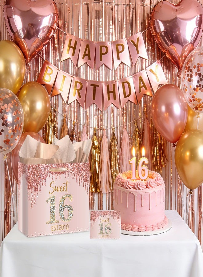 Yoirrat Sweet 16 Est. 2010 Gift Bag with Wrapping Tissue Paper & Card Large Rose Gold Glitter Happy 16th Birthday Gift Bags for Girls Sixteen Bday Party Supplies for Daughter Granddaughter - Image 2