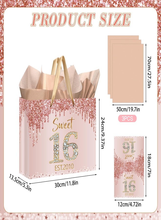 Yoirrat Sweet 16 Est. 2010 Gift Bag with Wrapping Tissue Paper & Card Large Rose Gold Glitter Happy 16th Birthday Gift Bags for Girls Sixteen Bday Party Supplies for Daughter Granddaughter - Image 3