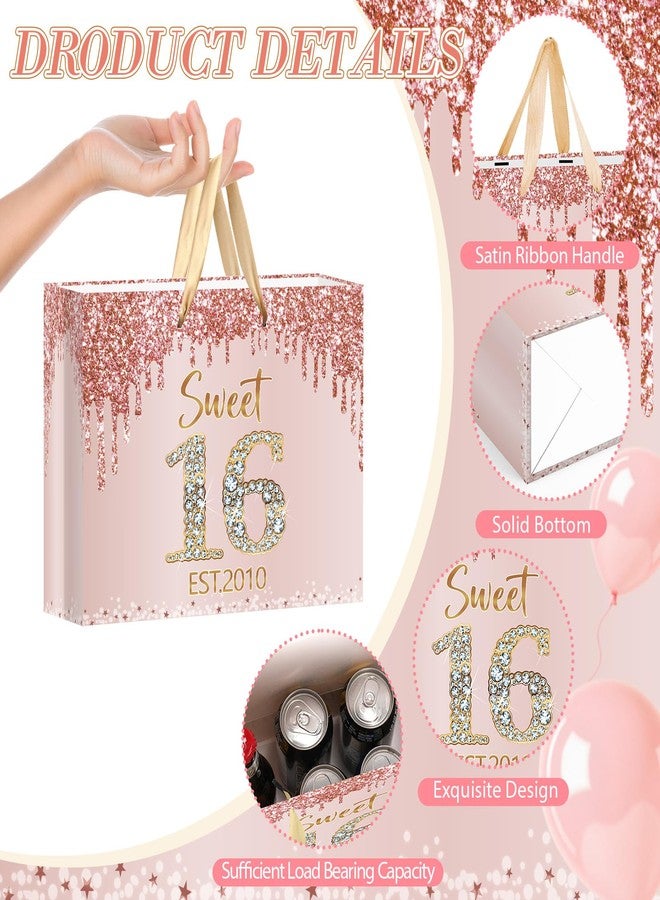 Yoirrat Sweet 16 Est. 2010 Gift Bag with Wrapping Tissue Paper & Card Large Rose Gold Glitter Happy 16th Birthday Gift Bags for Girls Sixteen Bday Party Supplies for Daughter Granddaughter - Image 4