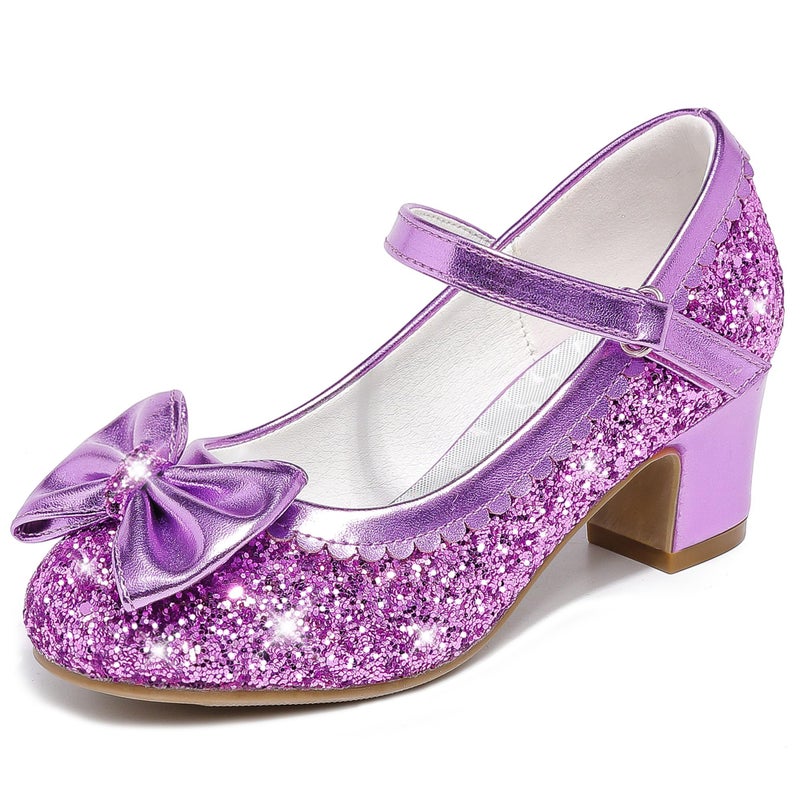 LAURMOSA Toddler High Heels Purple Dress Shoes for Girls Sparkle Toddler Princess Shoes Kids Dress up Party Pumps Size 12 Kids High Heels Princess Wedding Cute Bowknot(L1036SePurple 12) - Image 1