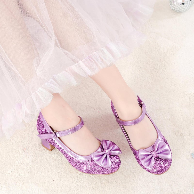 LAURMOSA Toddler High Heels Purple Dress Shoes for Girls Sparkle Toddler Princess Shoes Kids Dress up Party Pumps Size 12 Kids High Heels Princess Wedding Cute Bowknot(L1036SePurple 12) - Image 2