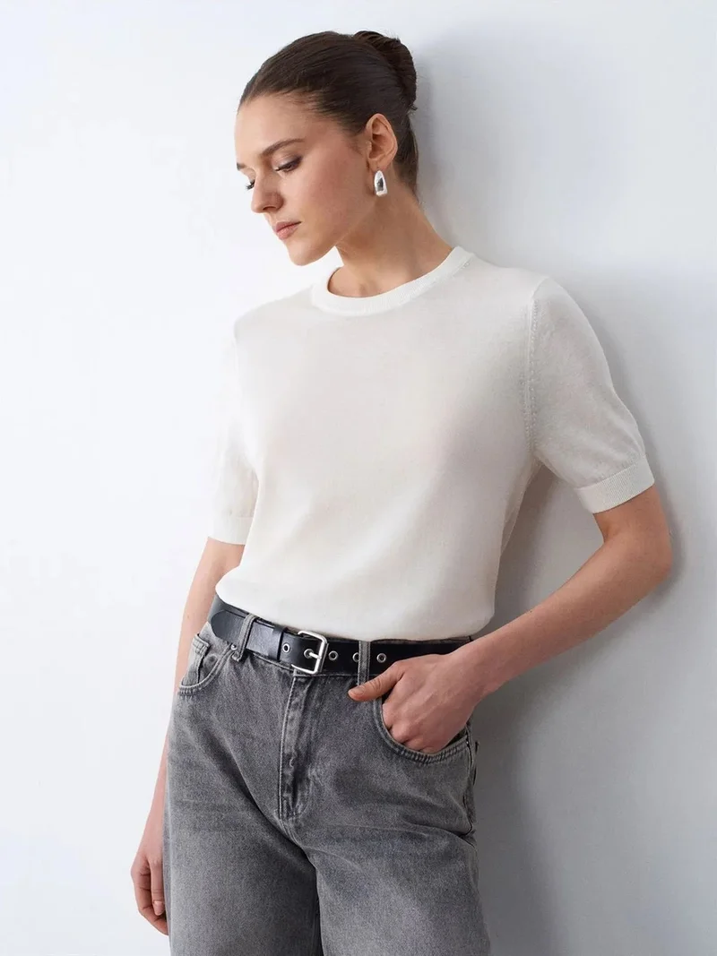ديلفين Dilvin Ribbed Crew Neck Short-sleeve Blouse