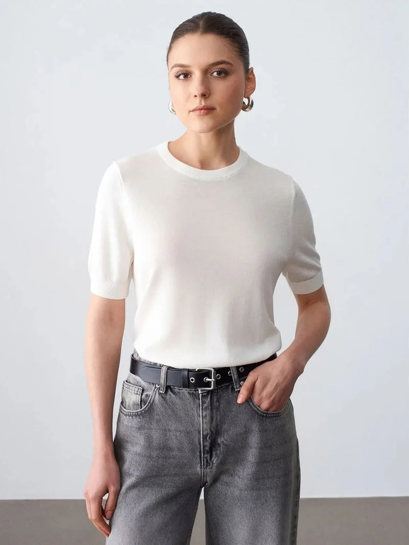 ديلفين Dilvin Ribbed Crew Neck Short-sleeve Blouse