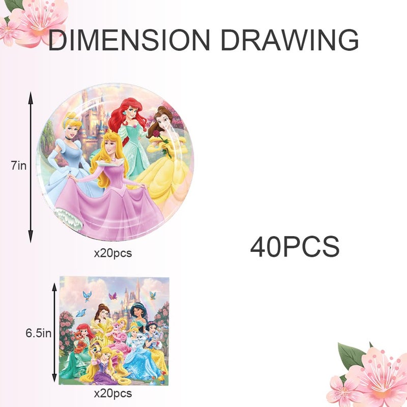 Omto 40Pcs Princess Party Supplies include 20 plates, 20 napkins for the Princess birthday party Decoration - Image 4