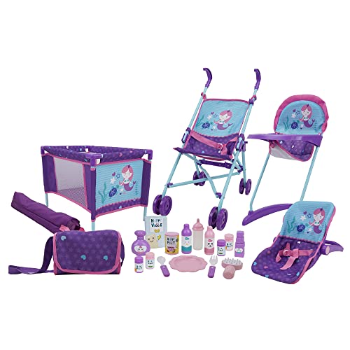 509 Crew Mermaid 21 Piece Set: Doll Stroll n Play & Care Set - Includes Stroller, Car Seat, Highchair, Play Yard, 15 Piece Accessories, & Diaper Bag/Handbag, Kids Pretend Play Ages 3+ (T818028) - Image 1