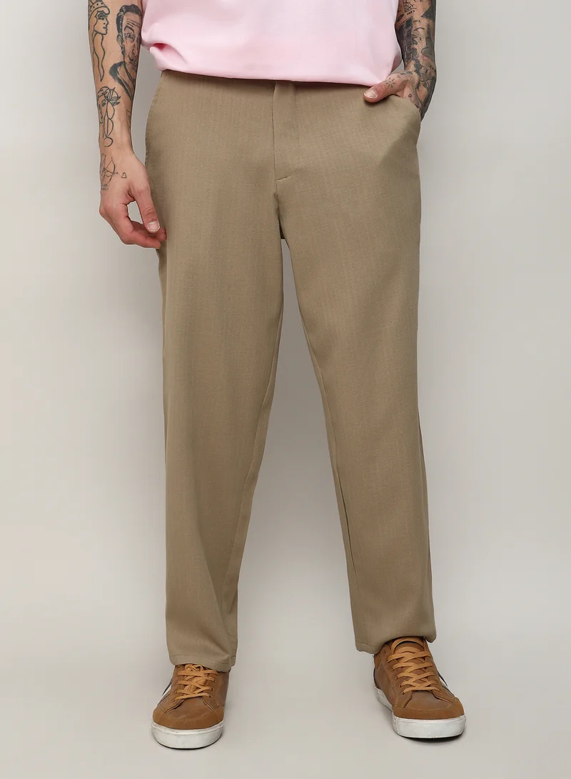 Campus Sutra Men's Beige Solid Tailored Trousers For Casual Wear | 4 Pockets | Regular Fit | Drawstring Closure | Trousers Crafted With Comfort Fit For Everyday Wear