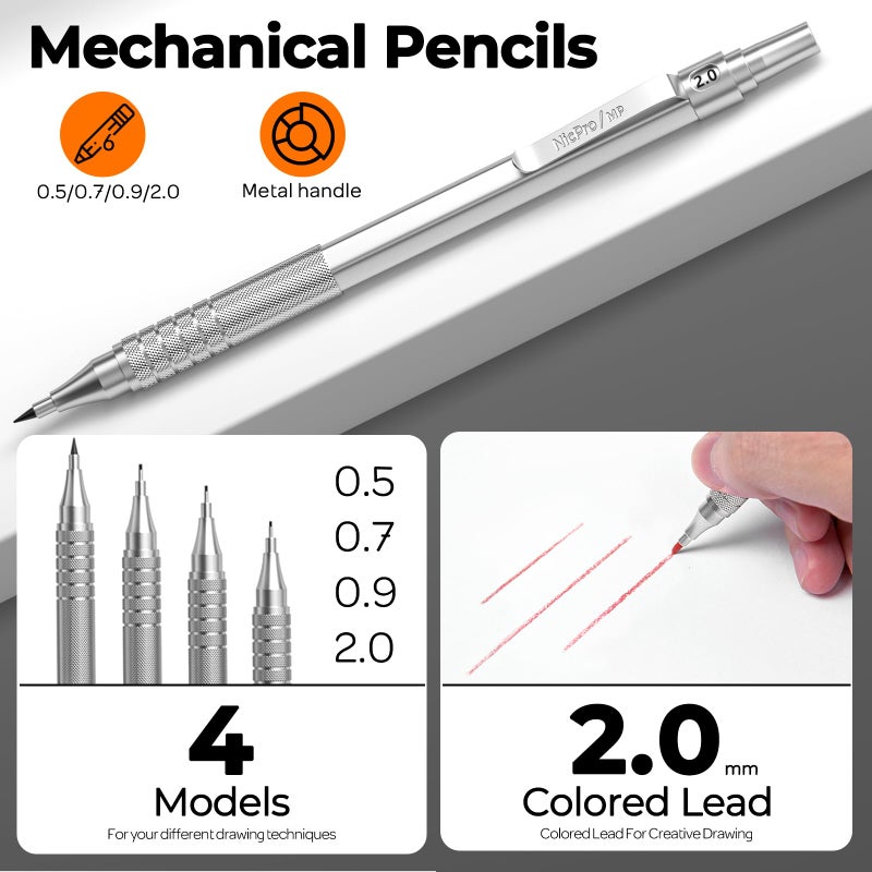 Nicpro مجموعة أقلام رصاص ميكانيكية معدنية من نيكبرو 22 قطعة في علبة، قلم رسم فني 0.5، 0.7، 0.9 مم و 2 قلم رسم ميكانيكي 2 مم مع 396 قطعة من الرصاص (4B 2B HB 2H ملون) للرسم والكتابة والتخطيط - Image 2
