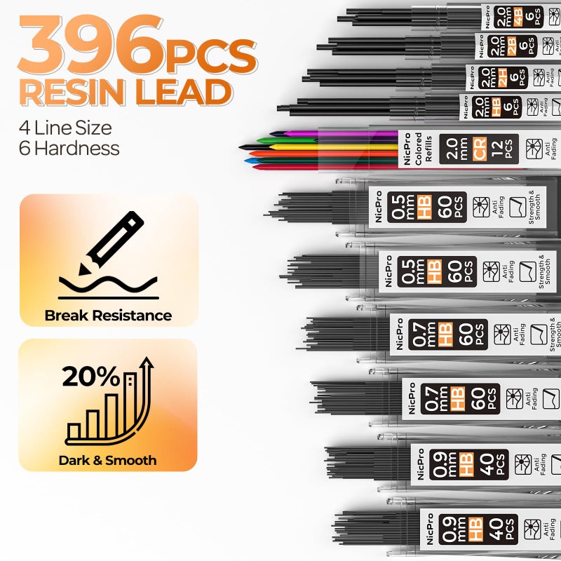 Nicpro مجموعة أقلام رصاص ميكانيكية معدنية من نيكبرو 22 قطعة في علبة، قلم رسم فني 0.5، 0.7، 0.9 مم و 2 قلم رسم ميكانيكي 2 مم مع 396 قطعة من الرصاص (4B 2B HB 2H ملون) للرسم والكتابة والتخطيط - Image 4