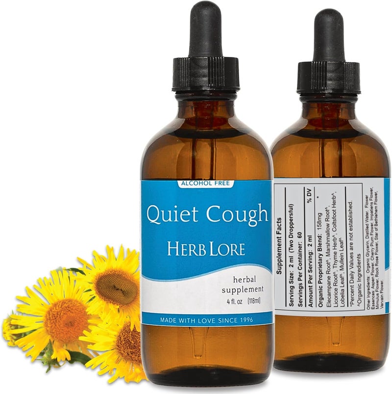 Herb Lore Quiet Cough Tincture - Mullein Cough Syrup for Adults & Kids - Natural Lung Support & Cough Drops with Mullein Leaf, Elecampane & More - Soothes Dry & Productive Coughs - 4 fl oz
