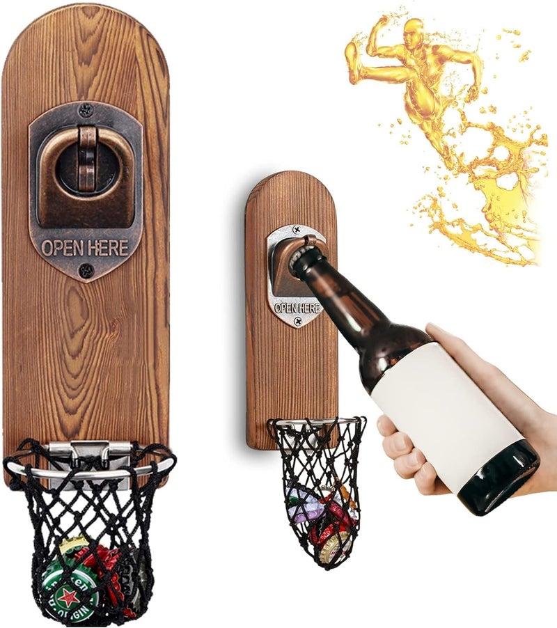 LUCYLANKER Beer Bottle Opener Wall Mounted with Magnetic Cap CatcherWooden Magnetic Bottle Opener for FridgeVintage Beer Gifts for Men Man Cave DecorGifts for Men and Beer LoversStyle 3