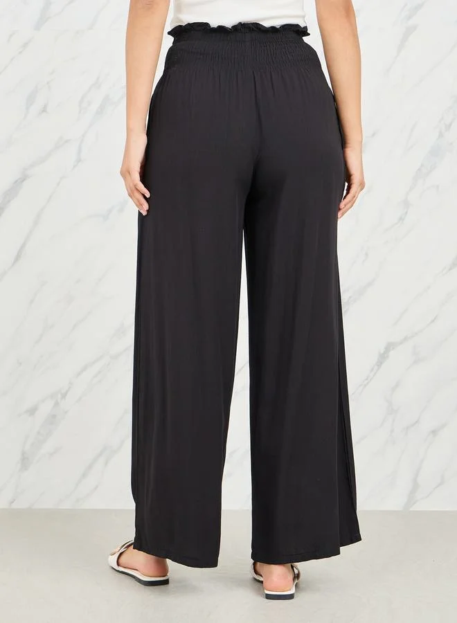 تايك تو Ruffle Trim Smocked Waistband Wide Leg Pant