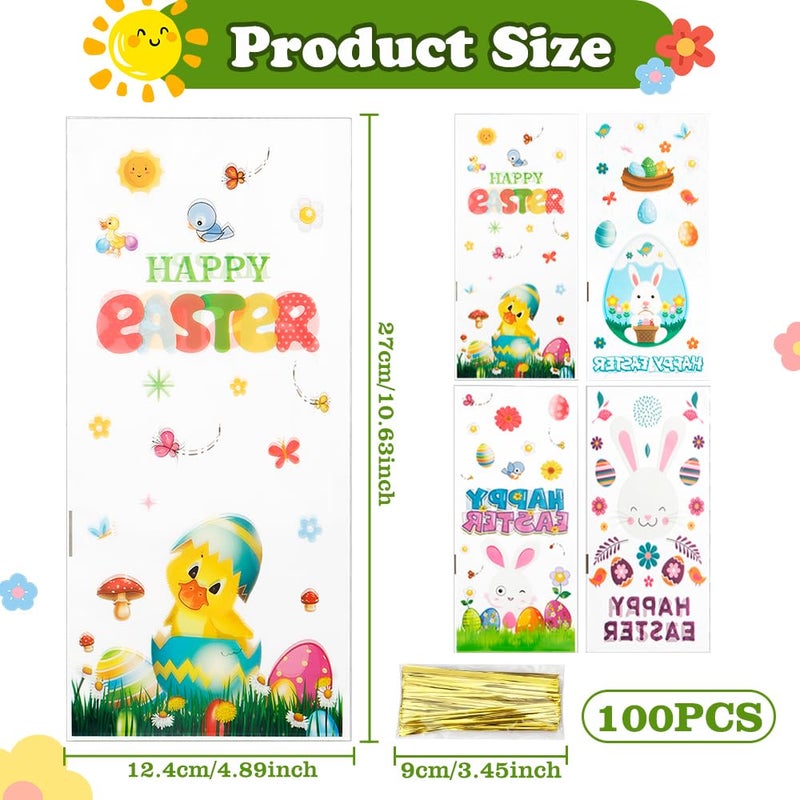 BOEIAC Easter Cellophane Treat Bags, 100 PCS Easters Gift Bags, Plastic Clear Cello Easters Candy Cookies Goodie Snack Bag with 100 Pcs Gold Twist Ties for Easter Party Favor Supplies, 4 Assorted Styles - Image 2