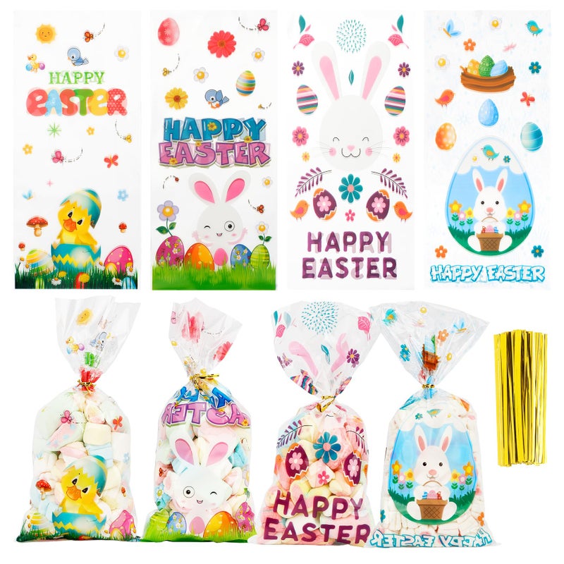 BOEIAC Easter Cellophane Treat Bags, 100 PCS Easters Gift Bags, Plastic Clear Cello Easters Candy Cookies Goodie Snack Bag with 100 Pcs Gold Twist Ties for Easter Party Favor Supplies, 4 Assorted Styles - Image 1