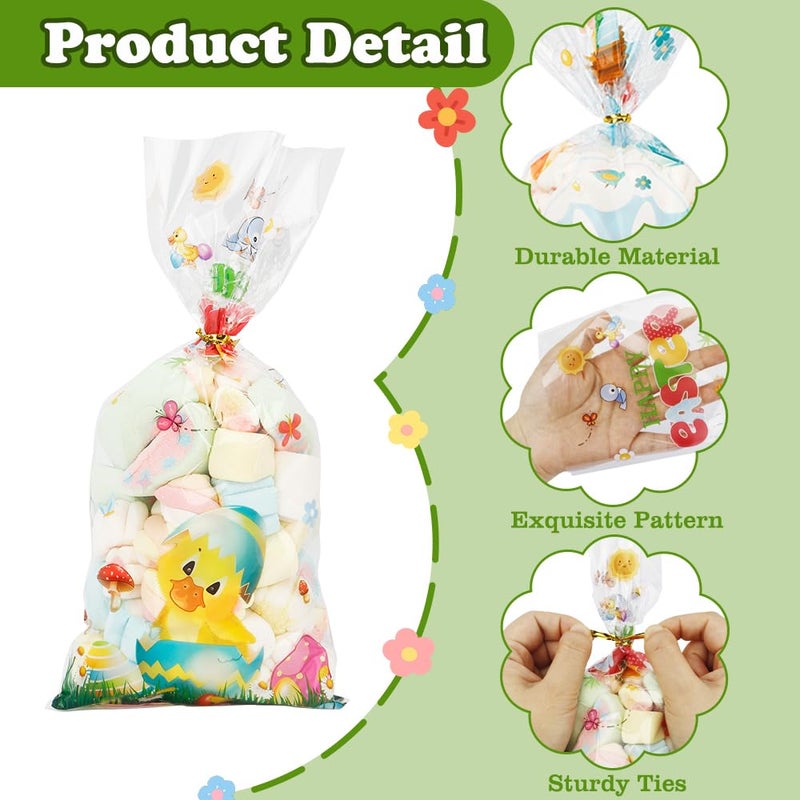 BOEIAC Easter Cellophane Treat Bags, 100 PCS Easters Gift Bags, Plastic Clear Cello Easters Candy Cookies Goodie Snack Bag with 100 Pcs Gold Twist Ties for Easter Party Favor Supplies, 4 Assorted Styles - Image 3