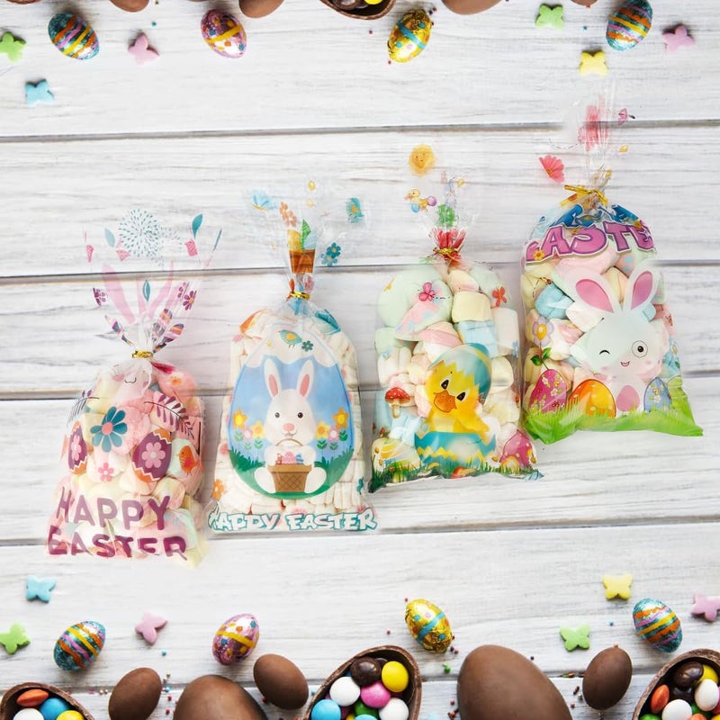 BOEIAC Easter Cellophane Treat Bags, 100 PCS Easters Gift Bags, Plastic Clear Cello Easters Candy Cookies Goodie Snack Bag with 100 Pcs Gold Twist Ties for Easter Party Favor Supplies, 4 Assorted Styles - Image 4