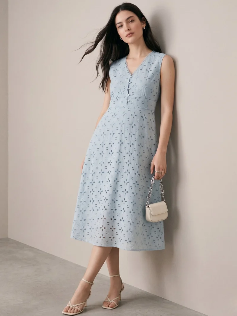 أوجيدر Blue Schiffli Embroidered Midi Dress