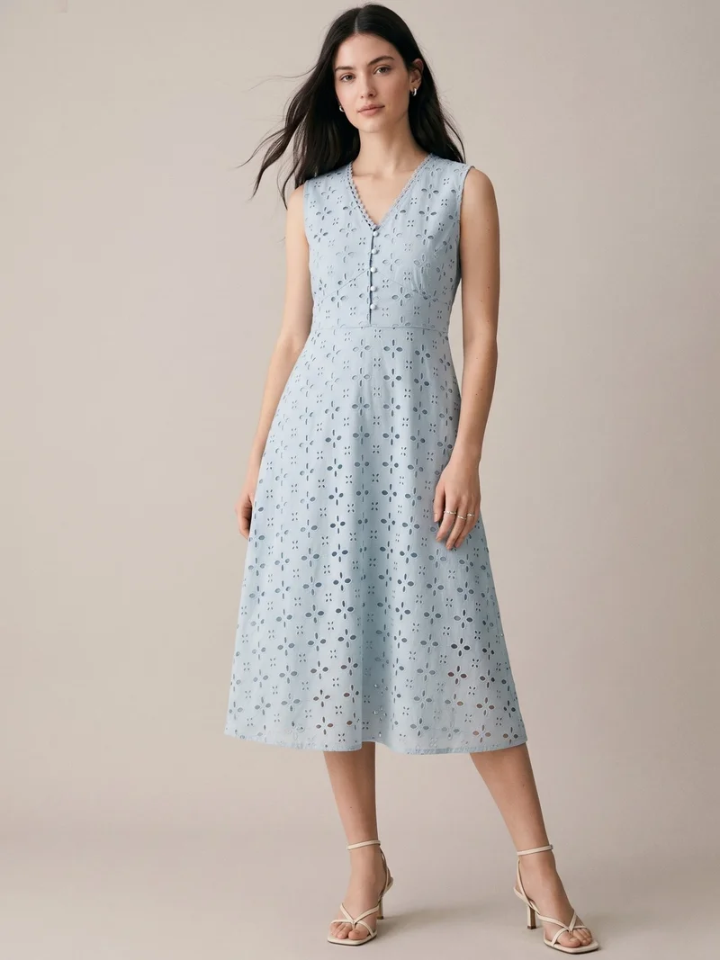 Outzidr  Blue Schiffli Embroidered Midi Dress for Women | Best Price UAE