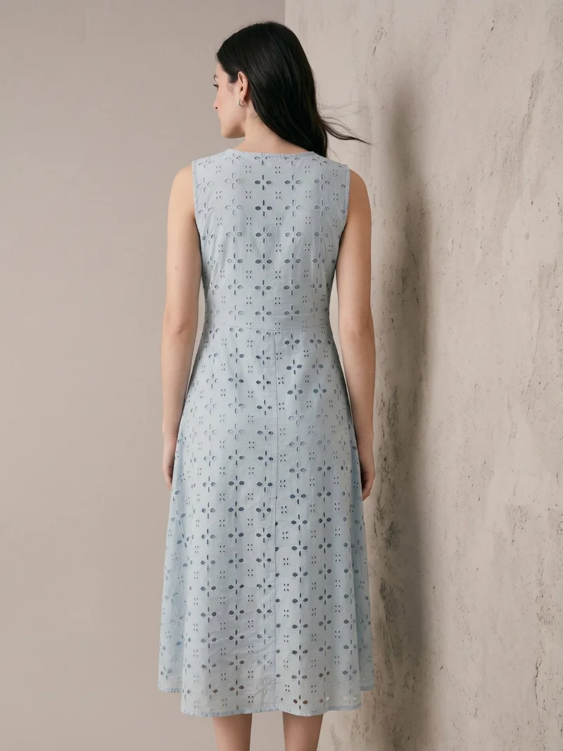 Outzidr  Blue Schiffli Embroidered Midi Dress for Women | Best Price UAE