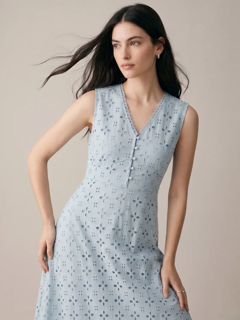 أوجيدر Blue Schiffli Embroidered Midi Dress