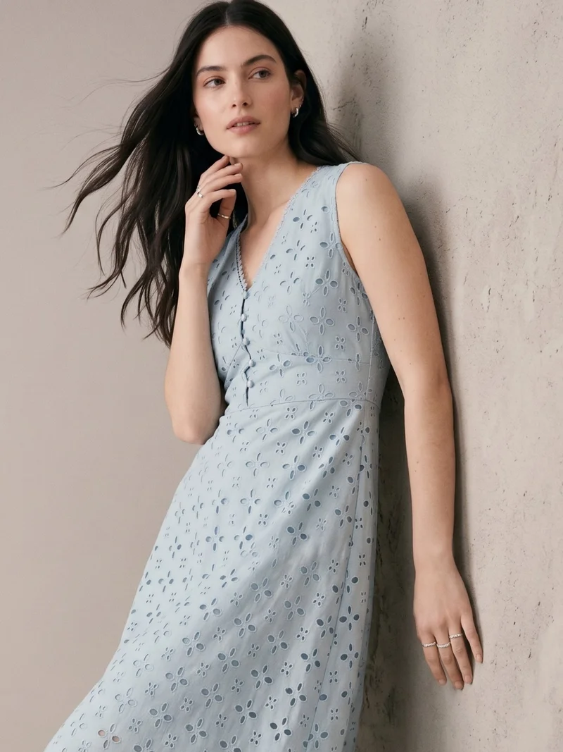 Outzidr  Blue Schiffli Embroidered Midi Dress for Women | Best Price UAE