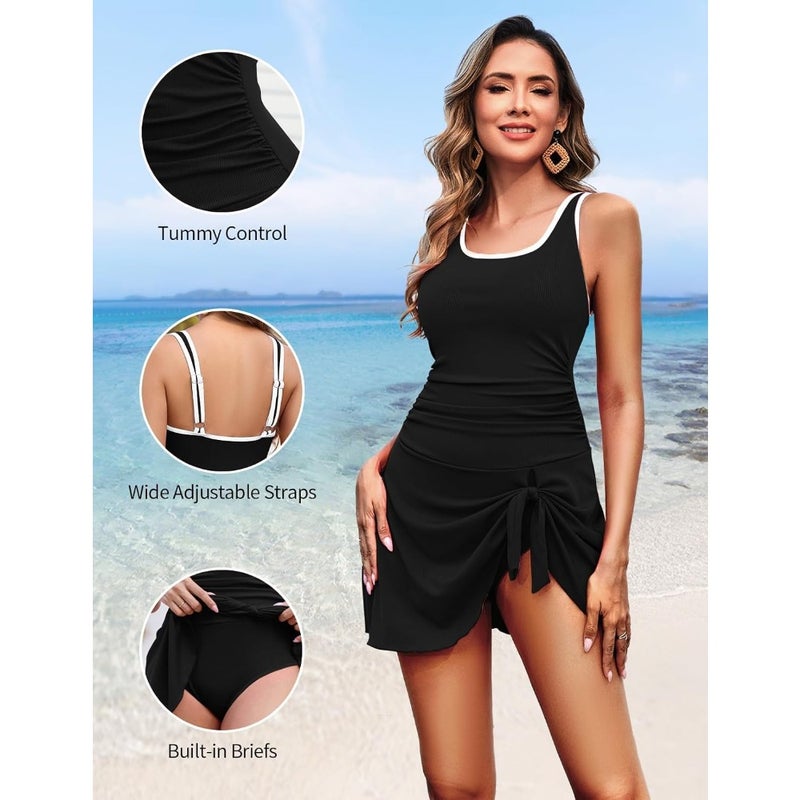 Women's one-piece swimdress for beach and pool use, ribbed knit fabric in color-block design, black and navy, tummy control feature - Image 5
