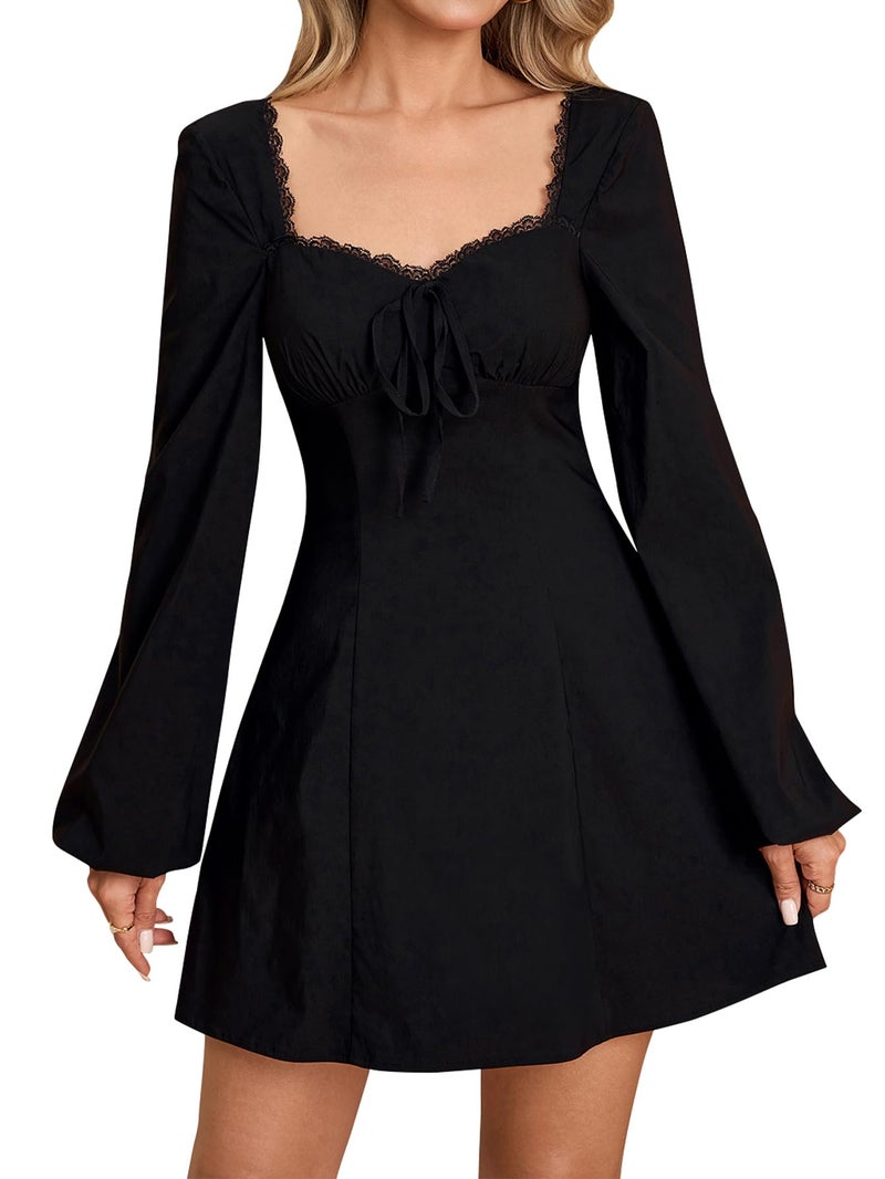 EYNMIN Long Sleeve Mini Dress Lace Sweetheart Neckline Tie A Line Cute Casual Short Party Dresses for Women Black - Image 1