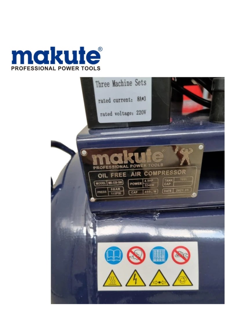 makute - 100L Oil-Free Silent Air Compressor, 4.5 HP, 8 Bar / 115 PSI, 220-240V, 2650 RPM - High Power, Low Noise, MK-328100 - Image 1